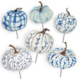 Blue and white metal pumpkin decorations by The Round Top Collection in assorted painted patterns with stake or hanging display
