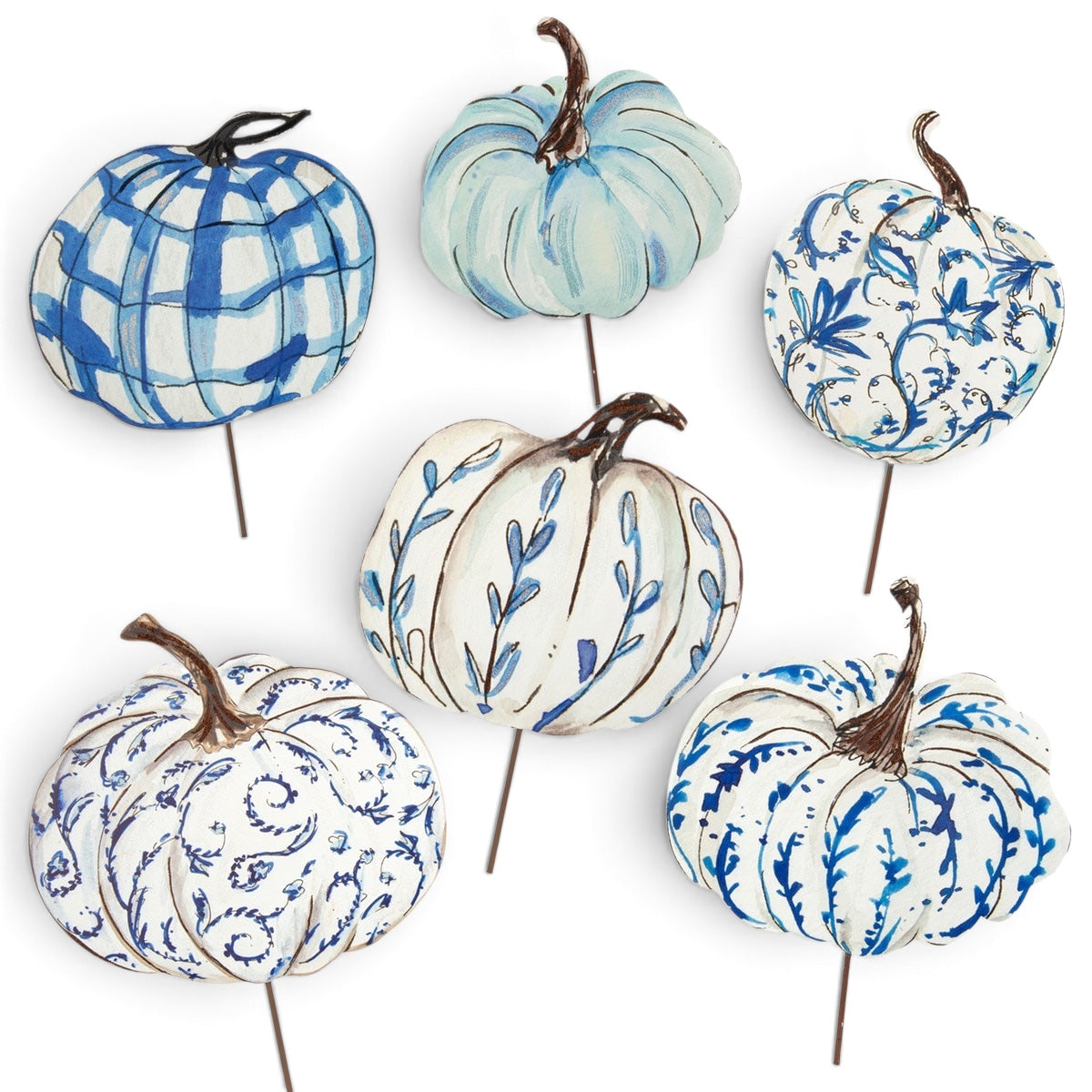 Blue and white metal pumpkin decorations by The Round Top Collection in assorted painted patterns with stake or hanging display