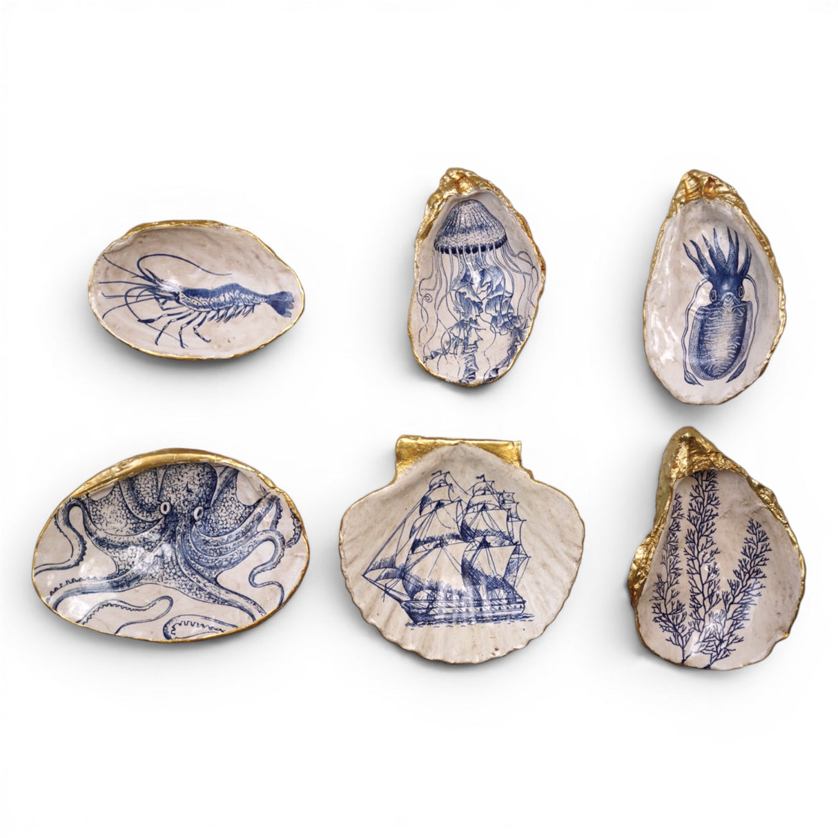 Blue and white shell trinket dish with gold trim coastal sea life resin decorative dish
