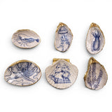 Blue and white shell trinket dish with gold trim coastal sea life resin decorative dish
