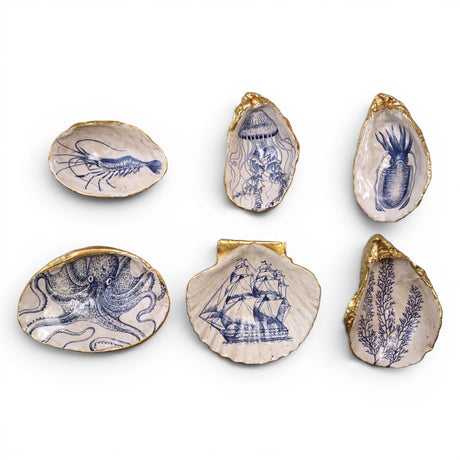 Blue and white shell trinket dish with gold trim coastal sea life resin decorative dish
