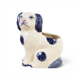 Blue and white Staffordshire dog shaped ceramic planter with hand-painted details