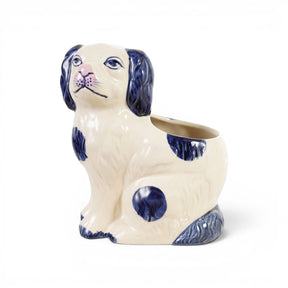 Blue and white Staffordshire dog shaped ceramic planter with hand-painted details