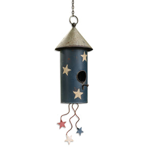 blue white star hanging birdhouse patriotic metal outdoor decor with chain and star accents