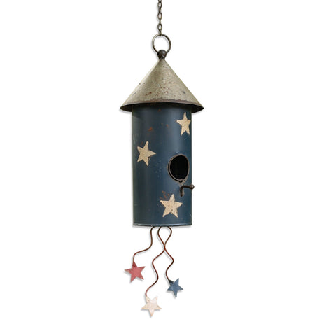 blue white star hanging birdhouse patriotic metal outdoor decor with chain and star accents