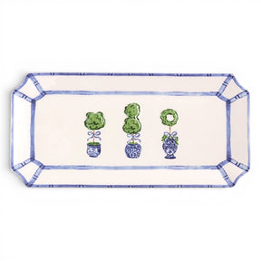 blue and white topiary ceramic serving tray chinoiserie style decorative platter garden inspired home decor