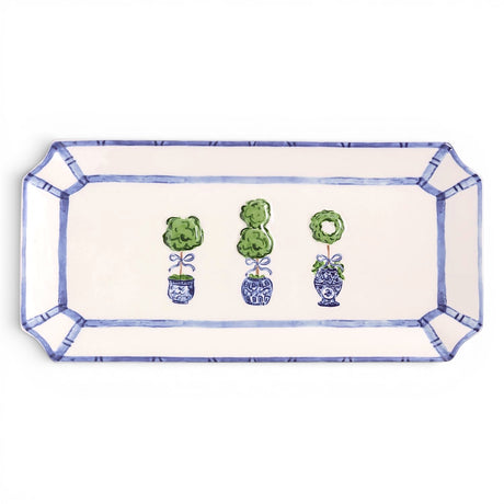 blue and white topiary ceramic serving tray chinoiserie style decorative platter garden inspired home decor