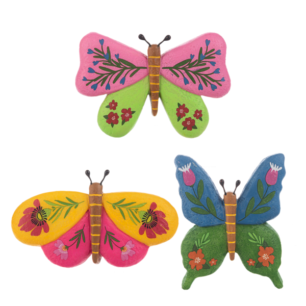 and-painted botanical butterfly resin garden art rock in three colorful styles.