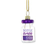 Glass ornament shaped like a Botox vial with purple glitter cap and “Botox Babe” label