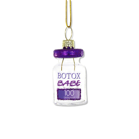 Glass ornament shaped like a Botox vial with purple glitter cap and “Botox Babe” label
