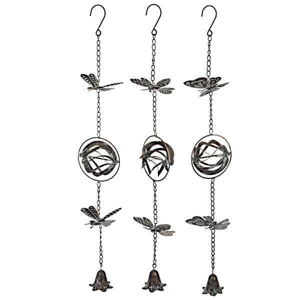 Bronze patina kinetic windchimes featuring bee, butterfly, and dragonfly designs