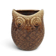 Brown reactive glaze ceramic owl planter with sculpted feather details that holds a 4-inch nursery pot