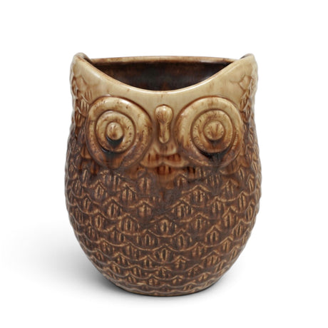 Brown reactive glaze ceramic owl planter with sculpted feather details that holds a 4-inch nursery pot