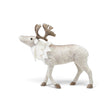 Brown and cream faux fur caribou decoration with branching antlers, dark hooves, a layered cream neck ruff, and a lifted head