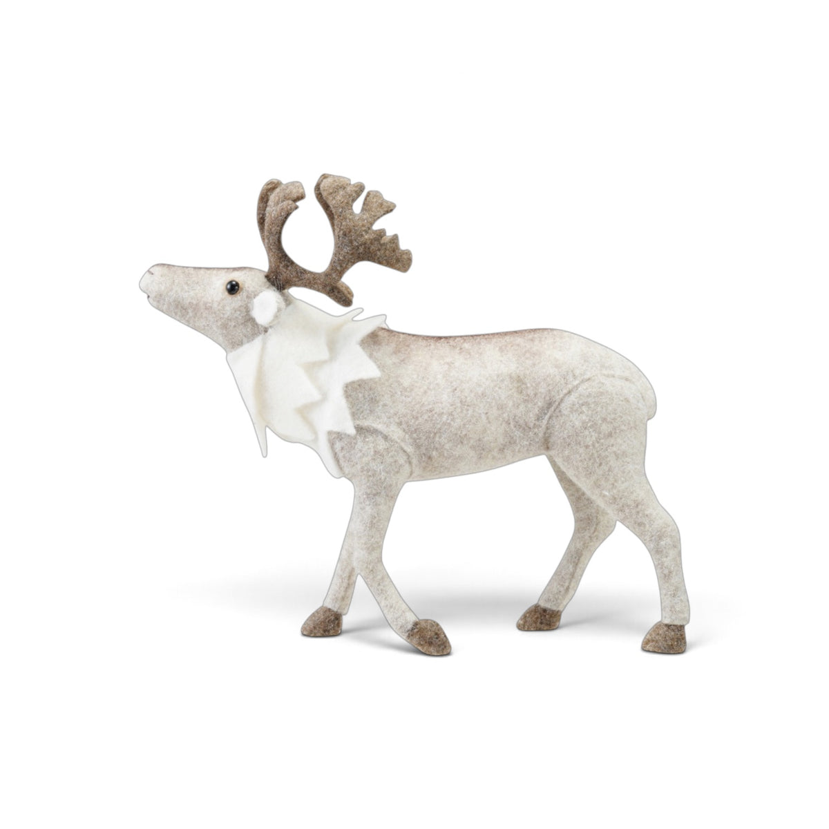 Brown and cream faux fur caribou decoration with branching antlers, dark hooves, a layered cream neck ruff, and a lifted head