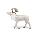 Brown and cream faux fur caribou decoration with branching antlers, dark hooves, a layered cream neck ruff, and a lifted head