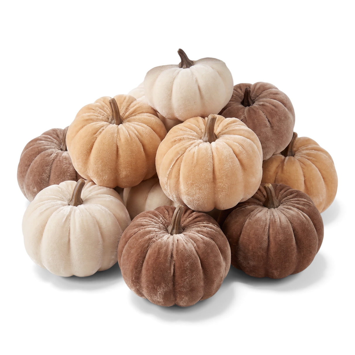Small brown cream and yellow velvet filler pumpkins for fall bowls, trays, and tabletop decor