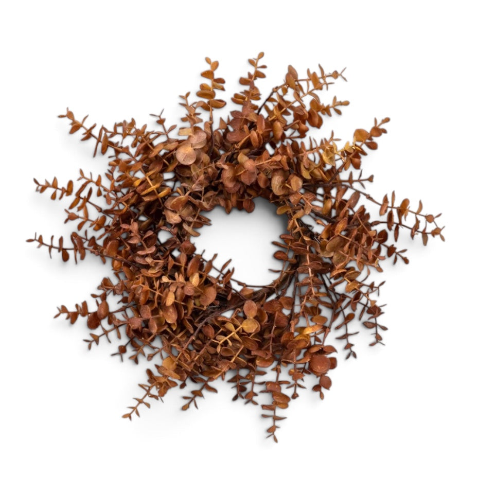 14-inch brown eucalyptus candle ring with layered artificial autumn foliage