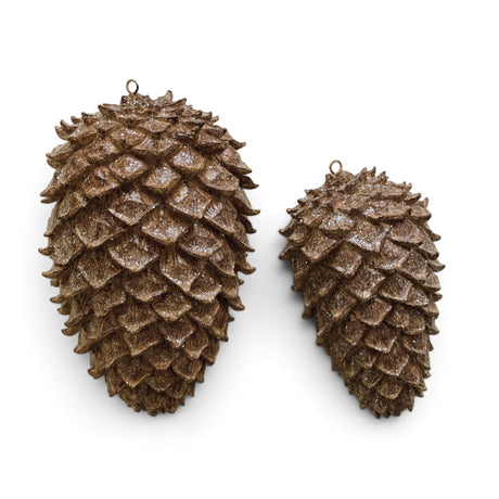 Brown glitter resin pinecone ornaments with layered texture and hanging loops in two sizes