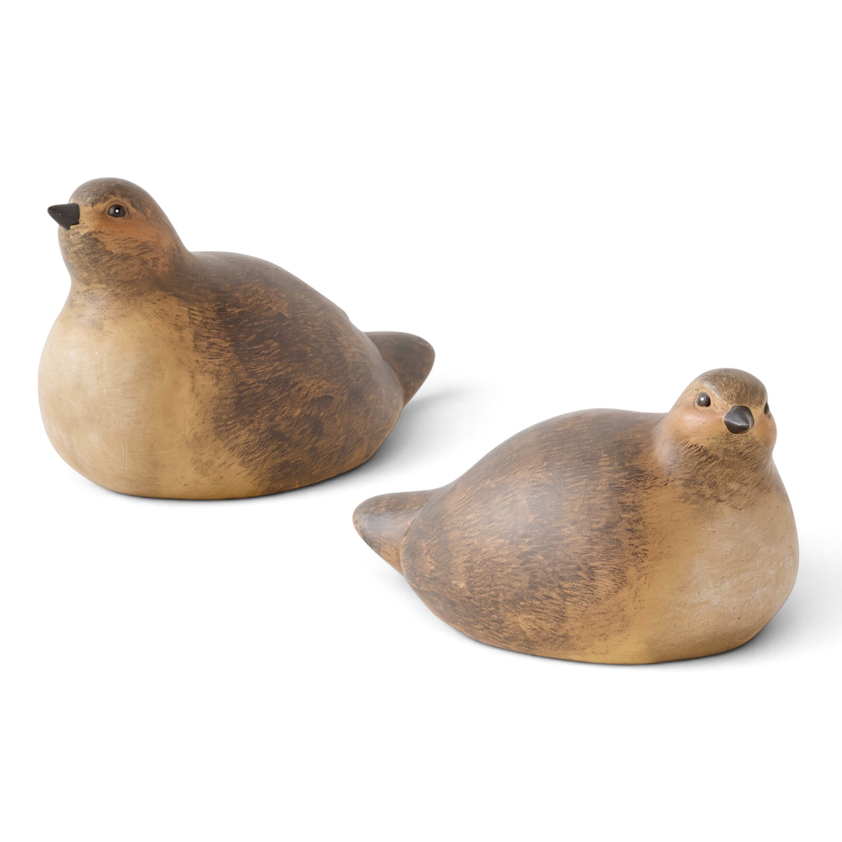 Brown resin bird figurines in head straight and head turned styles with rounded bodies and subtle feather detailing