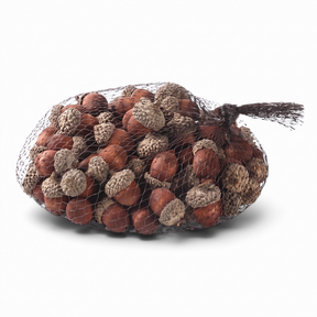 Bag of 75 miniature brown wood acorns with textured natural-toned caps for fall decorating and bowl filler