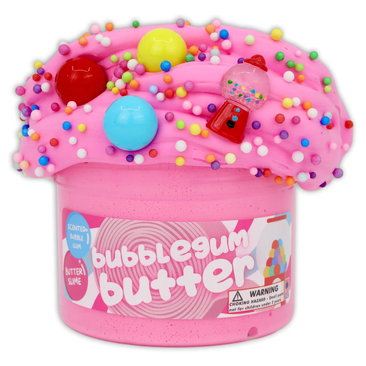 Pink bubblegum butter slime with gumball charms and rainbow foam beads in clear dome lid