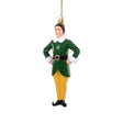 Buddy the Elf glass ornament in green and yellow outfit with hands on hips