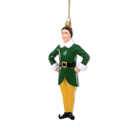 Buddy the Elf glass ornament in green and yellow outfit with hands on hips