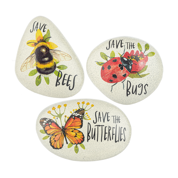 Hand-painted decorative stone featuring butterflies, bees, or ladybugs with conservation messages