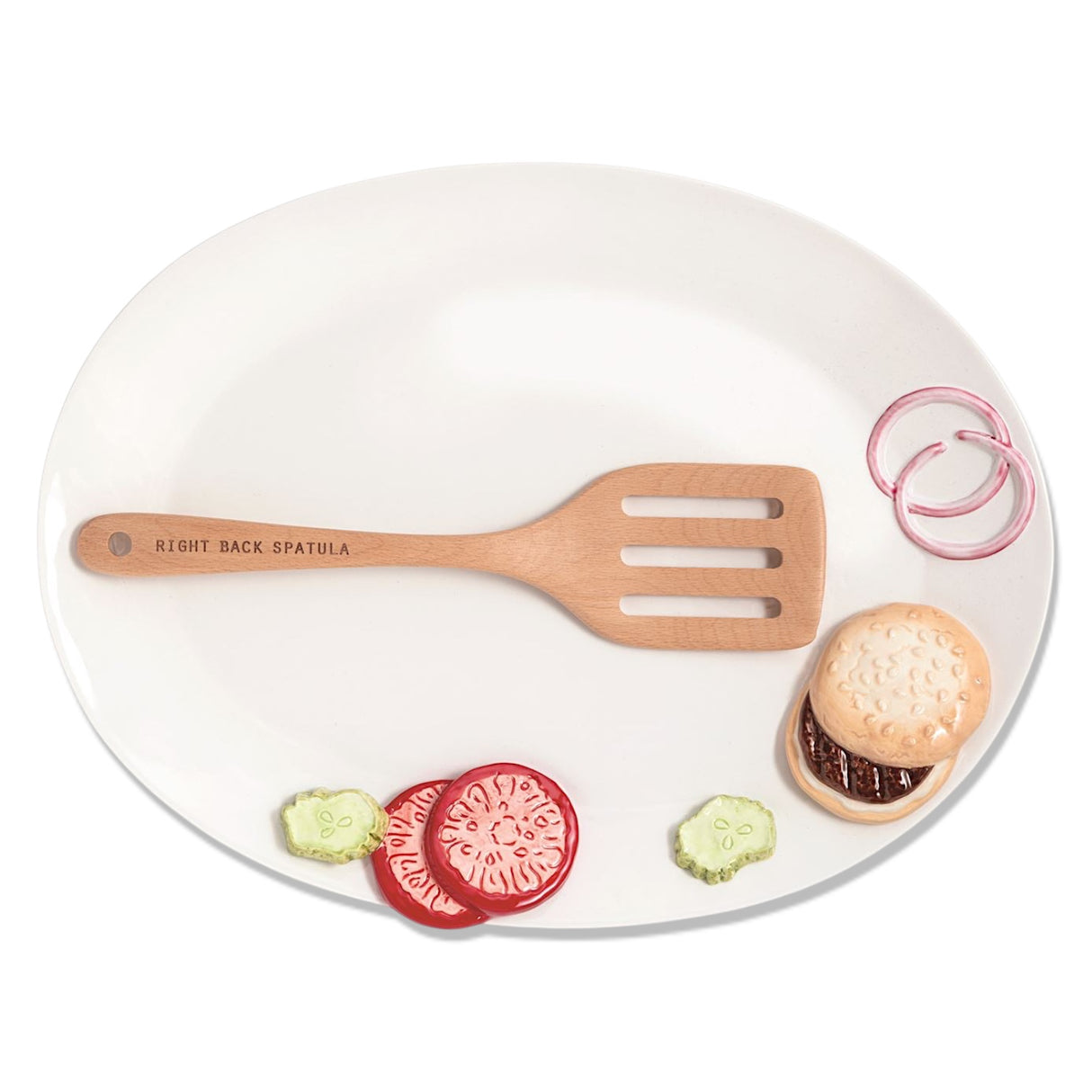 burger serving platter with spatula and decorative topping accents