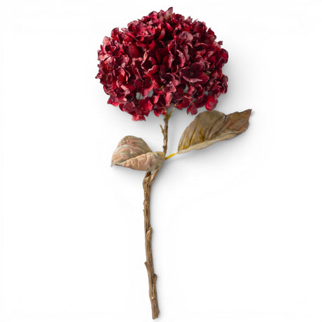 25-inch burgundy faux hydrangea branch with deep red flower and muted leaves