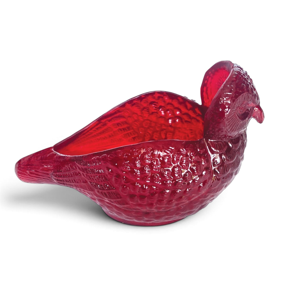 Burgundy pressed glass quail container with an open back, textured feathers, sculpted head, and pointed tail