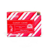 Candy Cane bar soap with a peppermint and vanilla scent, made with coconut milk and raw Texas honey.