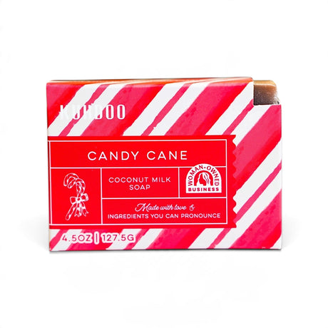Candy Cane bar soap with a peppermint and vanilla scent, made with coconut milk and raw Texas honey.