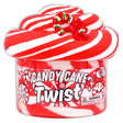 Red and white swirled butter slime in clear container with candy cane charm