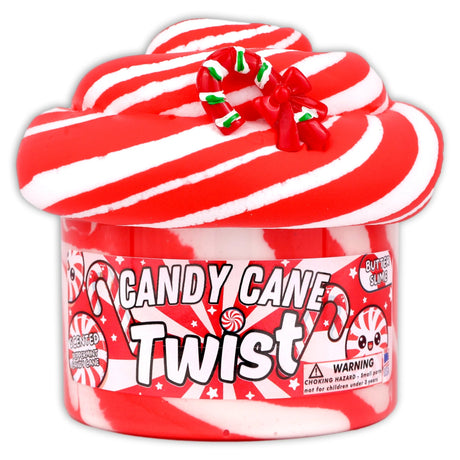 Red and white swirled butter slime in clear container with candy cane charm