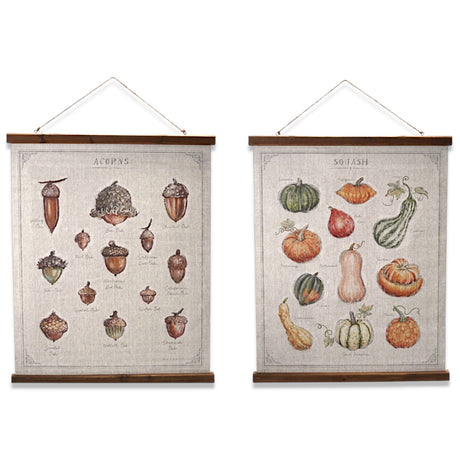 Canvas wall scroll with squash and acorn botanical illustrations framed in wood with jute hanger