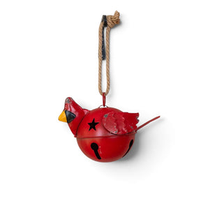 Decorative Christmas bell featuring a cardinal design and rope hanger.