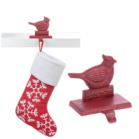Red cardinal cast iron stocking holder for Christmas mantel display