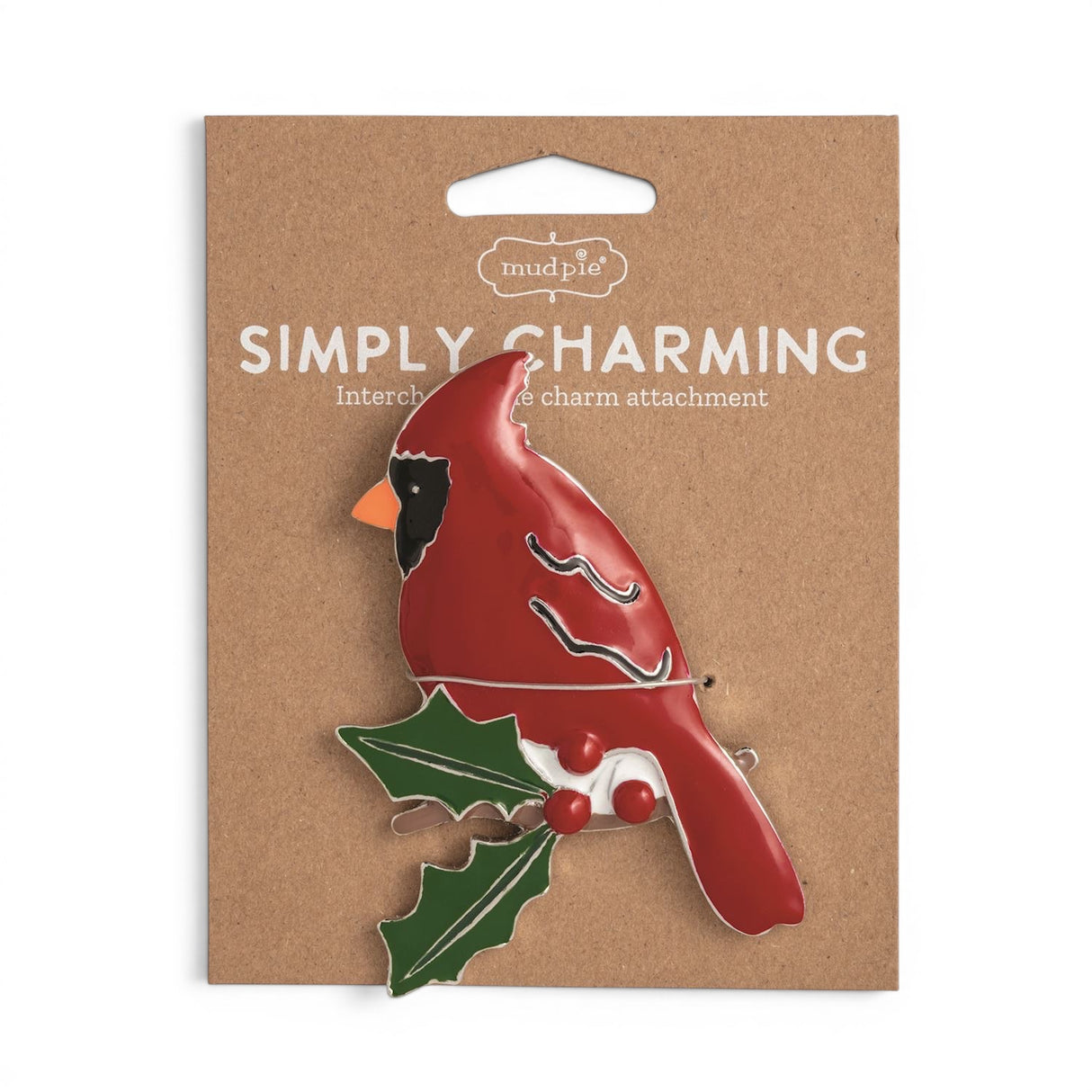 Red cardinal Simply Charming magnetic charm with green holly leaves and berries for interchangeable serveware
