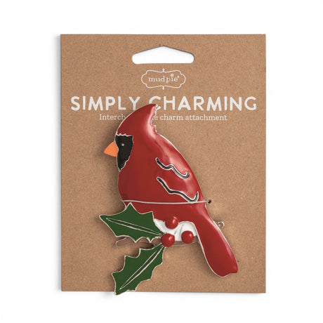 Red cardinal Simply Charming magnetic charm with green holly leaves and berries for interchangeable serveware