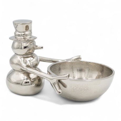 Cast aluminum snowman figure holding bowl