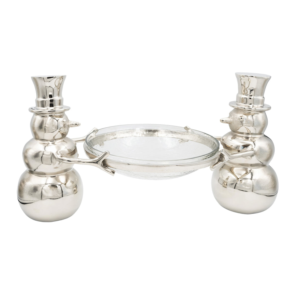 Cast aluminum snowmen with hammered glass bowl centerpiece, nickel finish