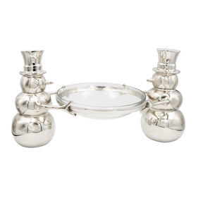 Cast aluminum snowmen with hammered glass bowl centerpiece, nickel finish