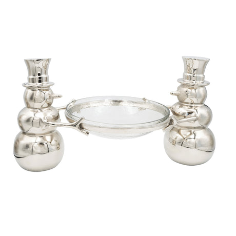 Cast aluminum snowmen with hammered glass bowl centerpiece, nickel finish
