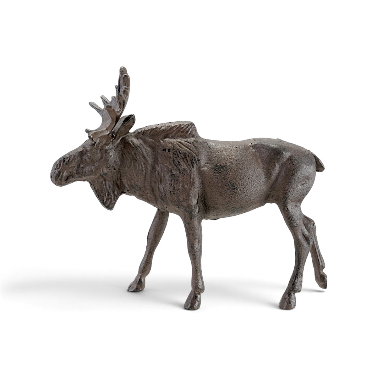 Cast iron moose figurine with broad antlers, sculpted fur details, and a textured dark brown-gray finish.