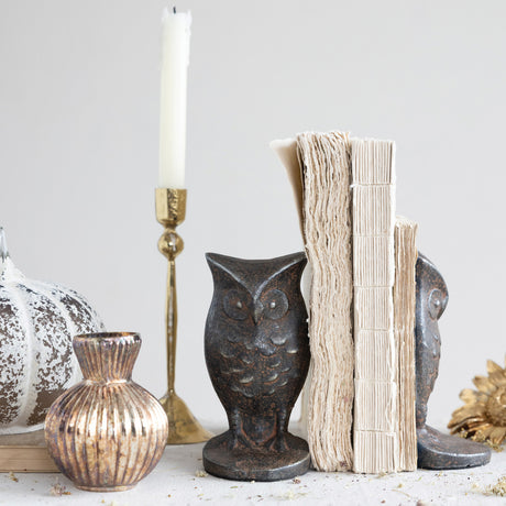 Set of two cast iron owl bookends with distressed dark brown finish