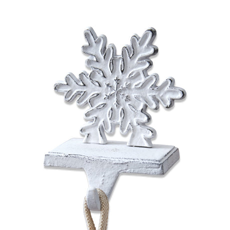 White distressed cast iron snowflake stocking holder 7 inches tall