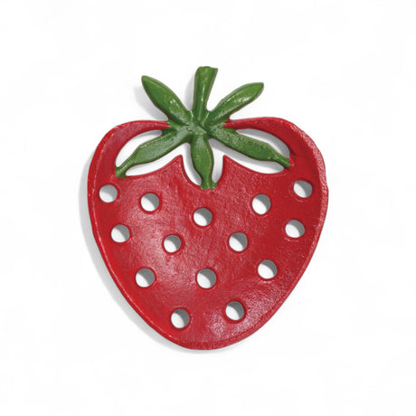 Cast iron strawberry shaped soap dish in red and green with drainage holes