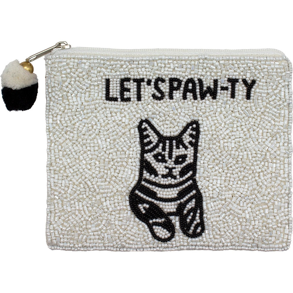 Let's Paw-ty Cat Beaded Coin Pouch with Pom-Pom Zipper